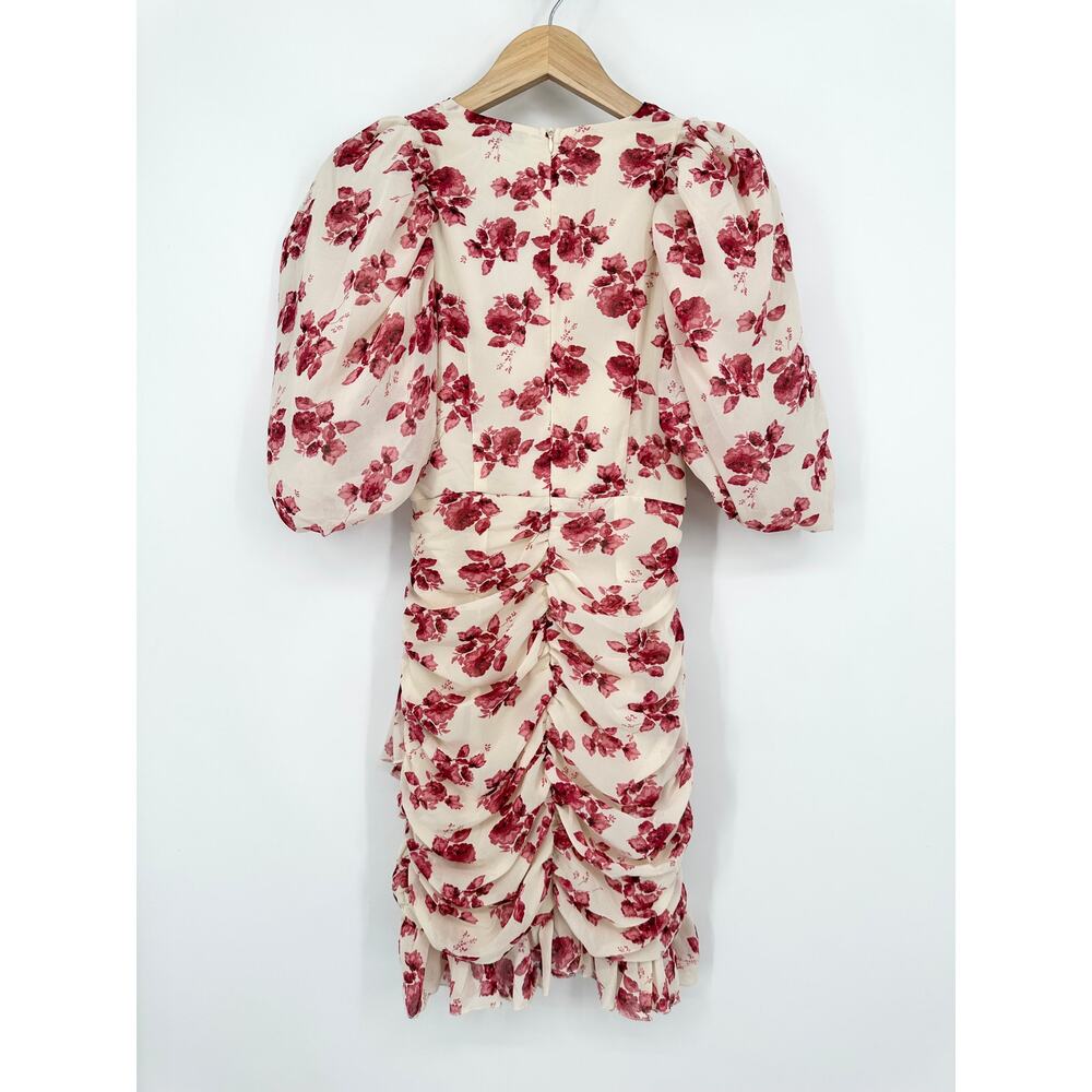 Nasty Gal Floral Puff Sleeve Wrap Mini Dress V-Neck Ruched Ruffle, Pastel Pink - Picture 8 of 11